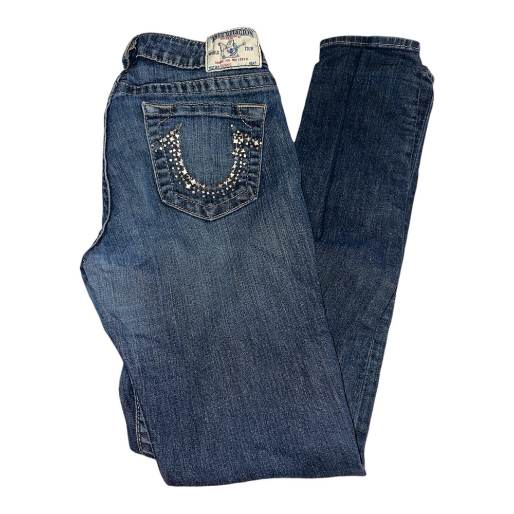 True Religion Dark Wash Skinny Low Rise Jeans Studded Back Pockets Women’s Sz 30